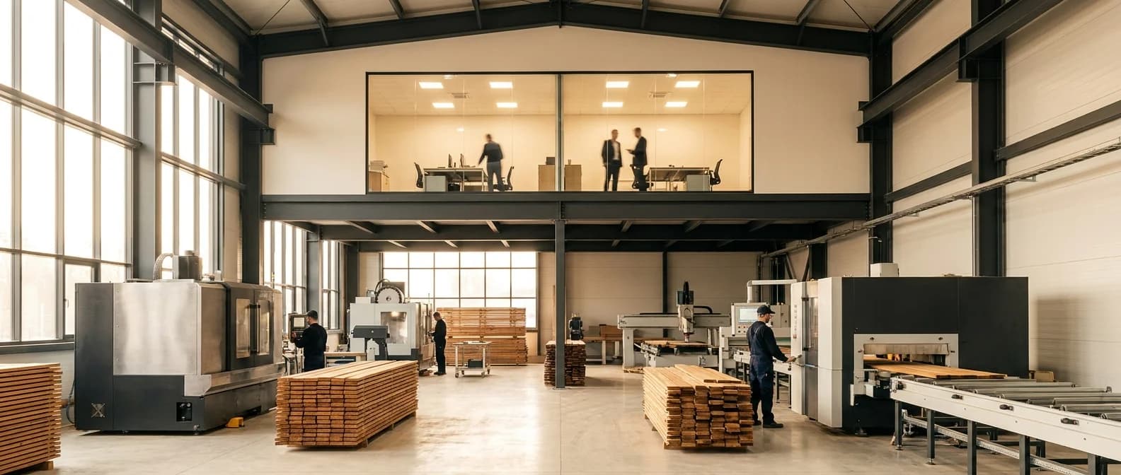 Novawood thermowood üretim tesisi — üretim hattı ve mezzanine ofis